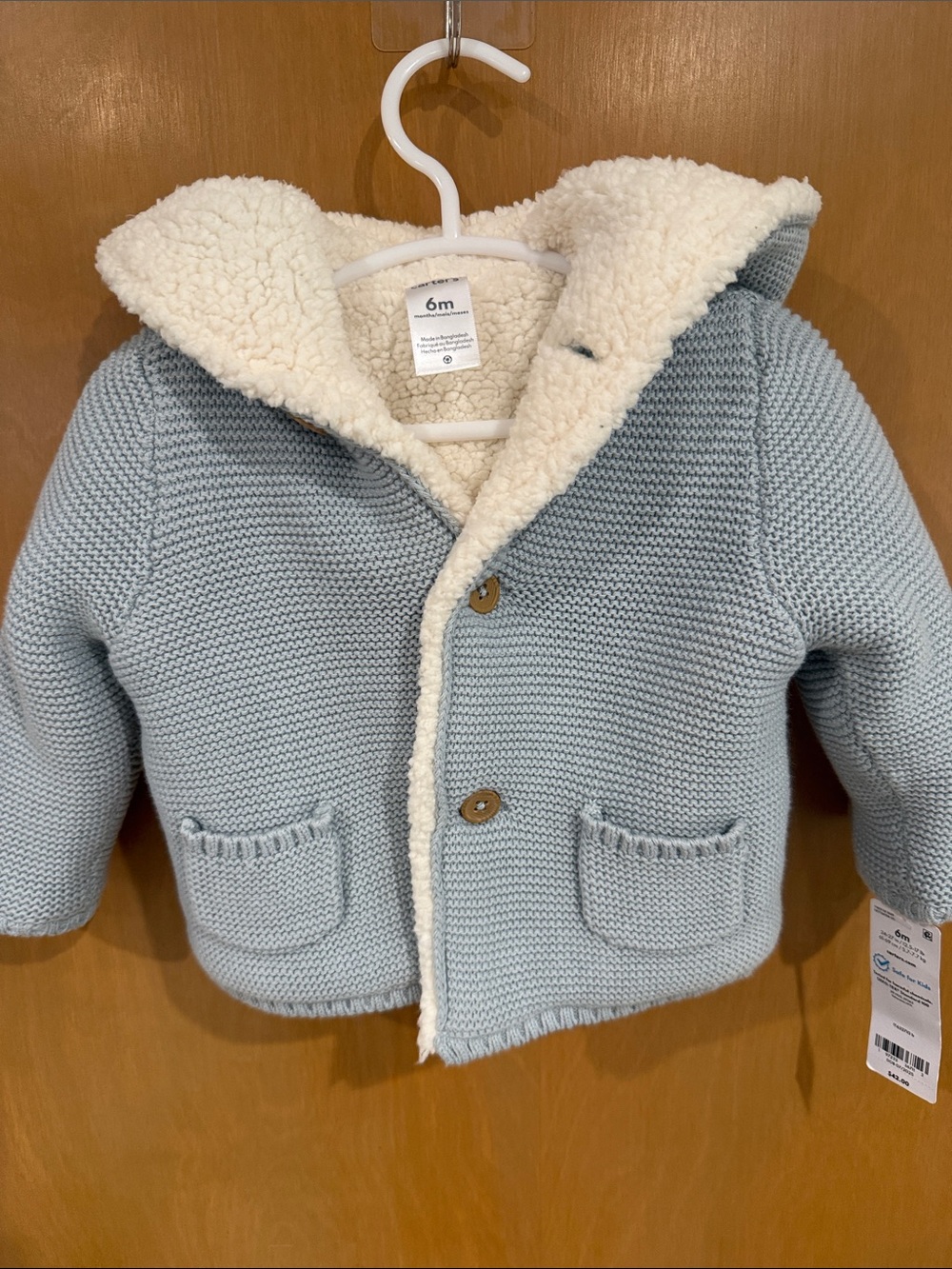 Carter's Light Blue Hooded Knit Baby Jacket with Cream Sherpa